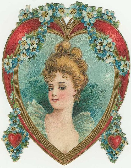 Victorian Die-Cut Valentine Card with Blue Flowers & Woman Portrait