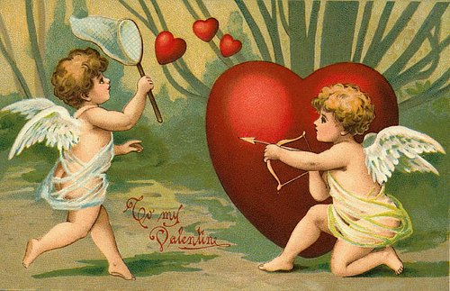 Victorian Valentine Cupids with Heart - Antique Love Card