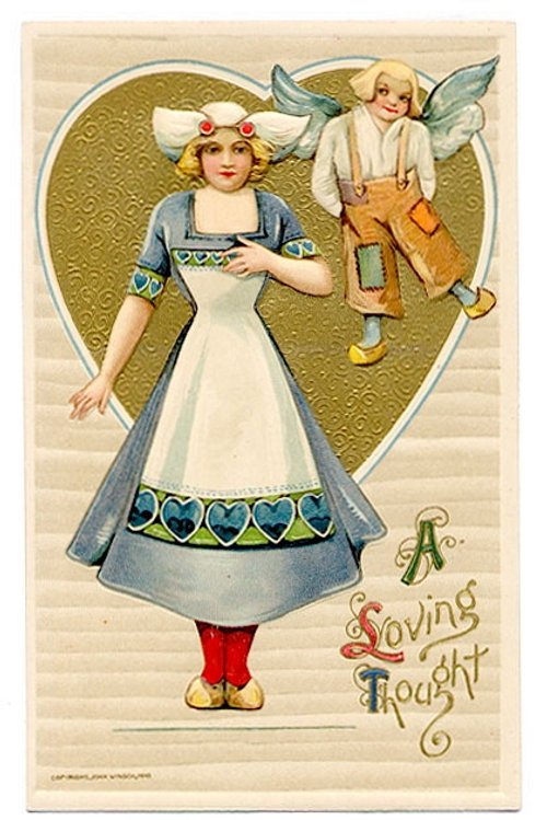 Edwardian Dutch Girl & Cupid Valentine Greeting Card | Vintage