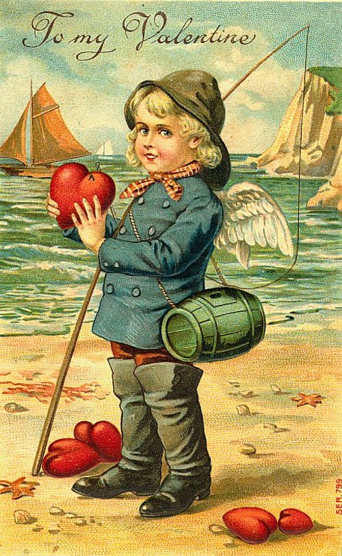 Victorian Cupid Fishing Valentine Card with Cherub & Sailboats