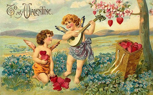 Victorian Valentine Cherubs with Lute & Flowers - Antique Greeting Card
