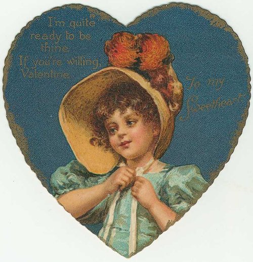 Victorian Valentine Die-Cut Heart Girl Gold Bonnet Greeting Card