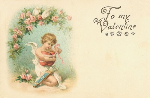Victorian Valentine's Day Card with Cupid and Pink Roses