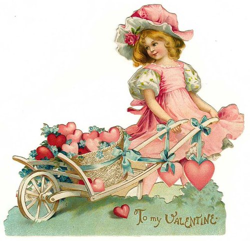 Victorian Valentine Die-Cut Girl with Wheelbarrow of Hearts & Flowers