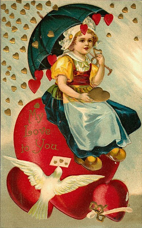 Victorian Valentine Girl with Hearts Umbrella Greeting Card