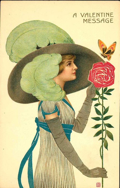 Edwardian Valentine Greeting Card: Lady with Rose & Butterfly