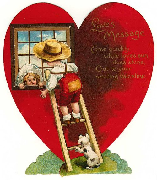 Vintage Valentine's Day Card Boy Ladder Window Love's Message