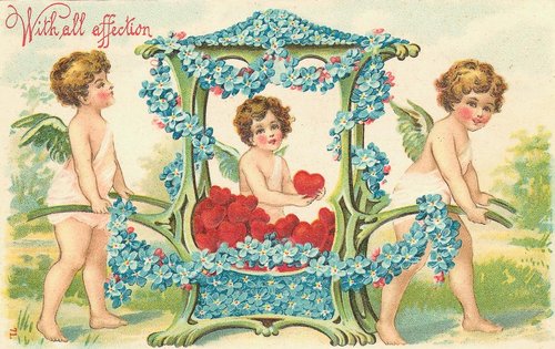 Victorian Cherub Valentine Card with Blue Flowers & Red Hearts