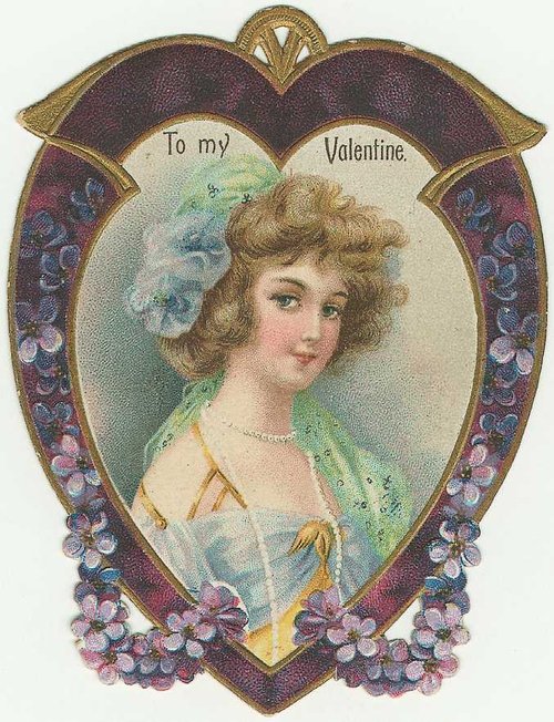 Victorian Valentine Card Die-Cut Heart Gold Frame Woman