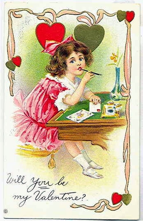 Victorian Valentine's Day Card Girl Artist Painting Hearts