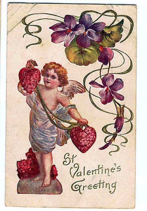 Victorian Valentine's Day Greeting Card with Cherub & Purple Violets