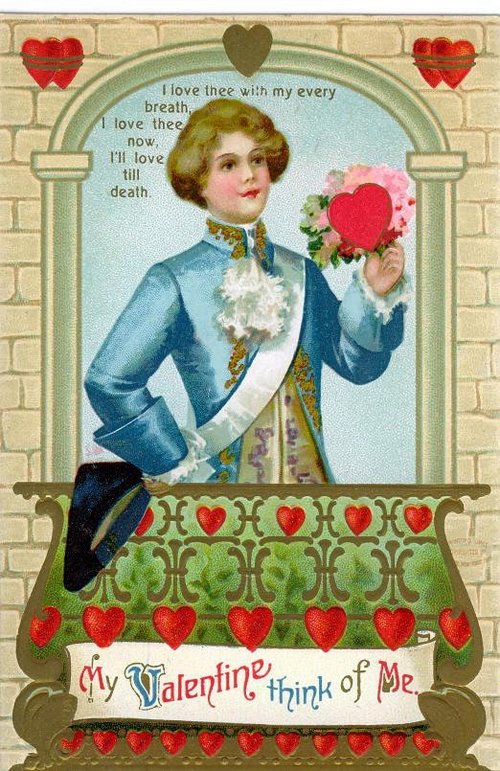 Victorian Valentine Card Gentleman Heart Red Pink Flowers
