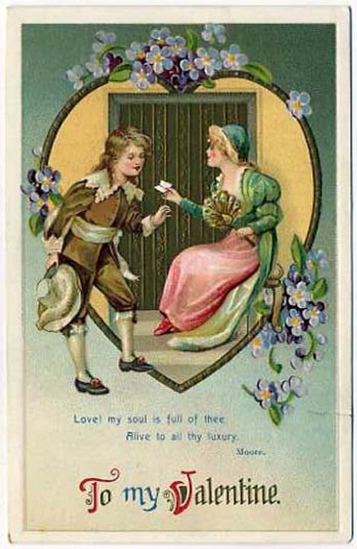 Victorian Valentine Greeting Card with Romantic Couple & Flowers
