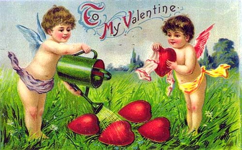 Victorian Valentine Cupids Watering Heart-Shaped Flowers