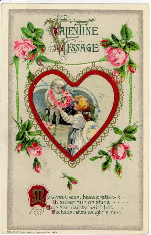 Edwardian Valentine Message Card with Cherub & Pink Roses