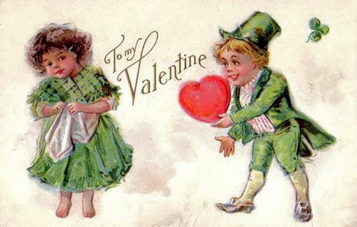 Victorian Valentine Card with Leprechaun Boy & Girl - Antique