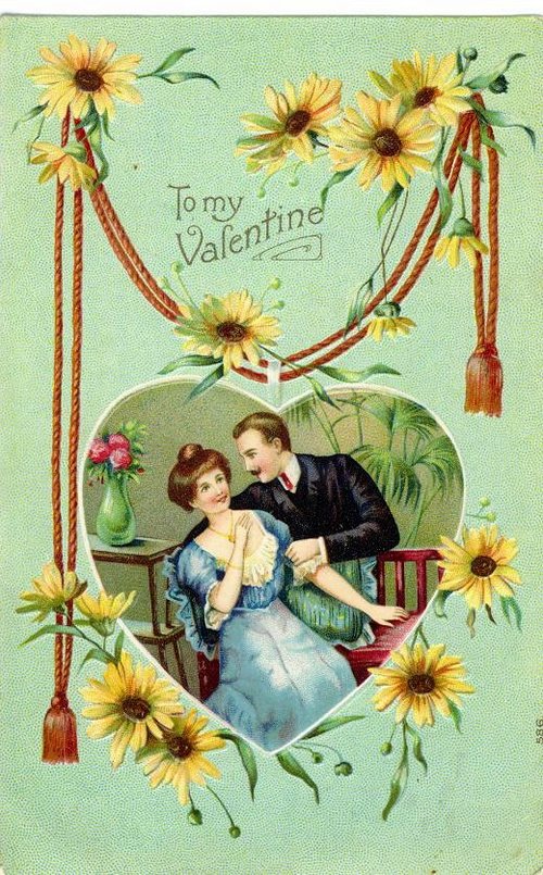 Edwardian Valentine's Day Card with Sunflowers & Romantic Couple