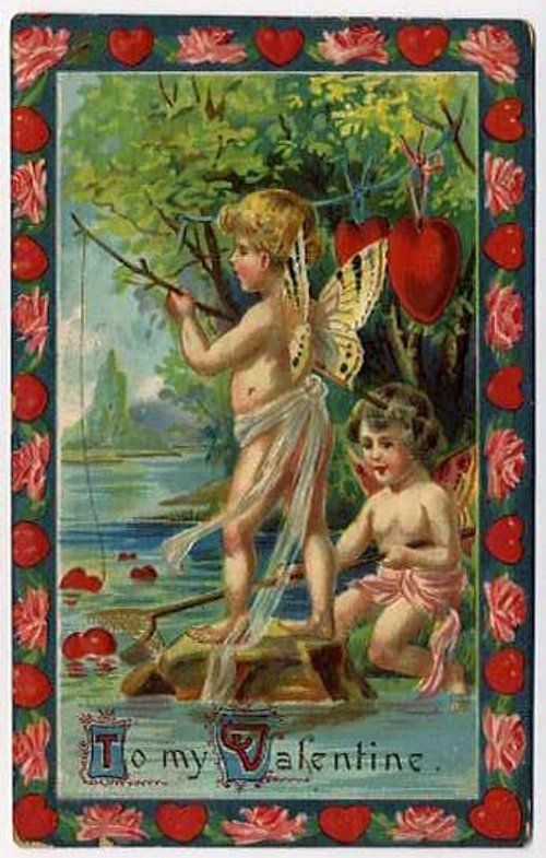 Victorian Valentine Cherubs Fishing for Hearts - Romantic Greeting Card
