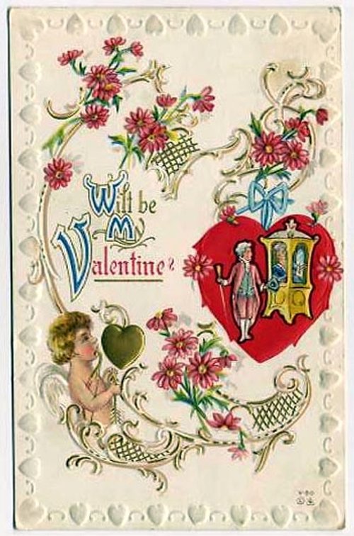 Victorian Valentine Card with Cupid & Floral Heart Design