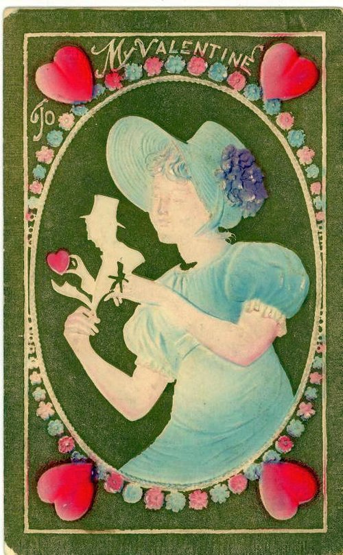 Edwardian Valentine Card with Woman & Silhouette, Green