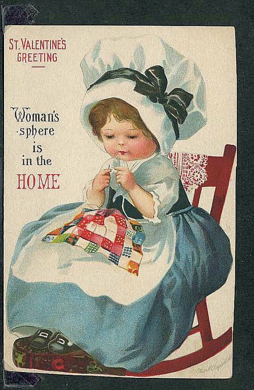 Victorian St. Valentine's Greeting Card with Girl Sewing