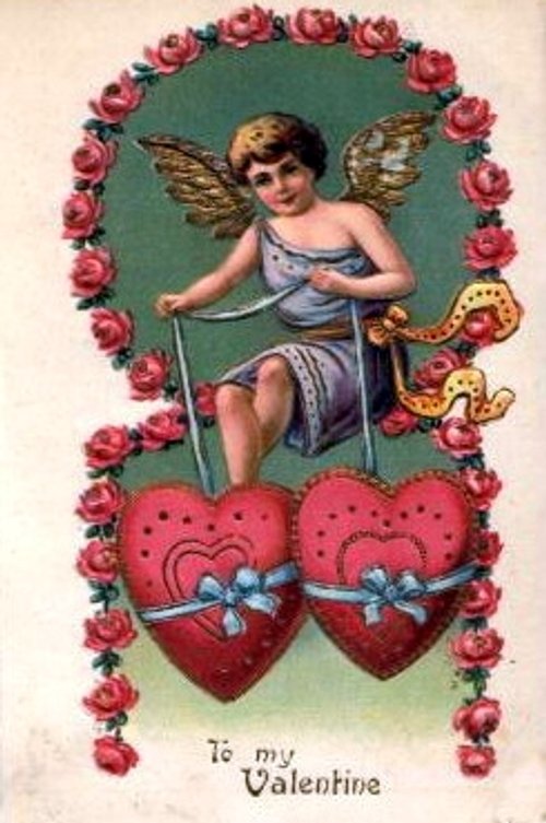 Victorian Cupid Valentine Card with Pink Roses and Hearts