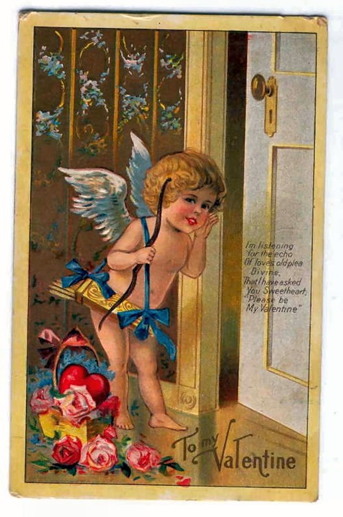 Cherub Cupid Valentine Card Victorian Era Floral Design