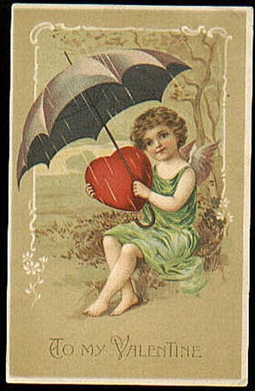 Victorian Cupid Valentine Card with Umbrella & Heart