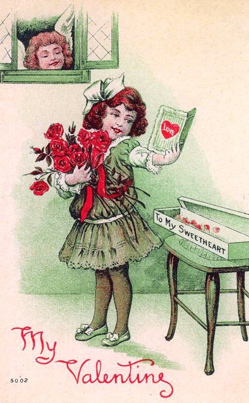 Vintage Valentine's Day Greeting Card with Girl & Roses, Early 1900s