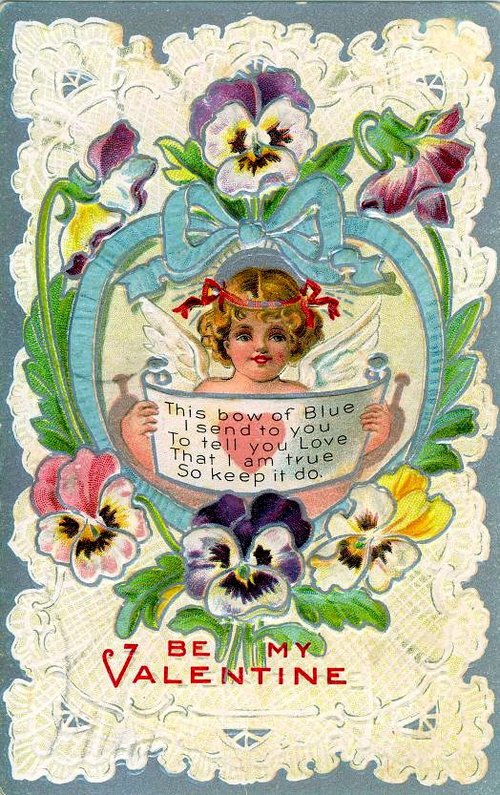 Victorian Cherub Pansy Valentine Card Die-Cut Blue Bow