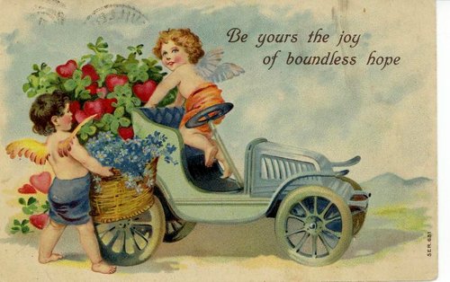 Edwardian Cherub Car Greeting Card with Flowers & Hope