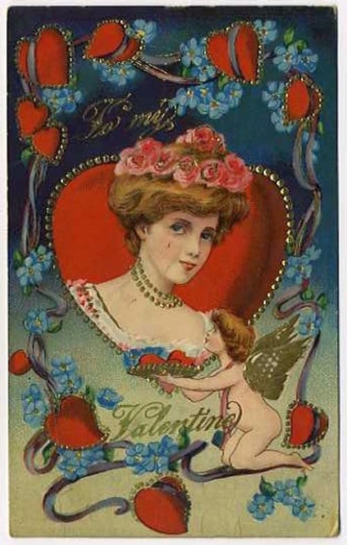 Edwardian Valentine's Day Card with Cherub and Strawberries