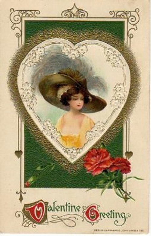 Victorian Valentine's Day Greeting Card with Woman in Hat