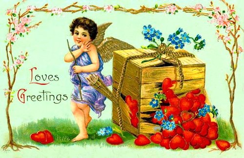 Victorian Cupid Love Greetings Card with Cherub & Flowers