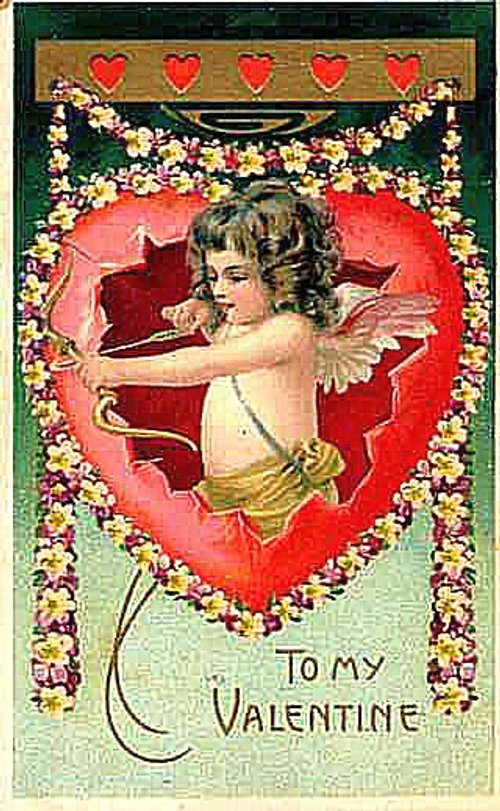 Victorian Cherub Valentine Card with Floral Heart Border