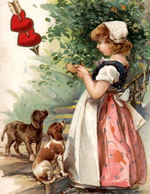Victorian Girl with Dogs & Hearts - Vintage Valentine Card