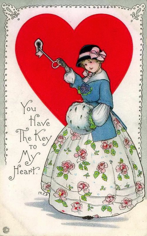 Vintage Valentine Key to My Heart Greeting Card, Early 1900s