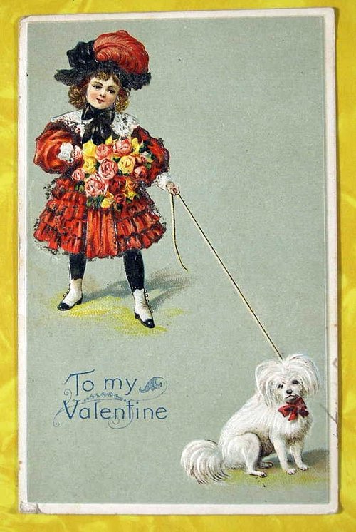 Edwardian Valentine Card with Girl, Flowers & White Dog