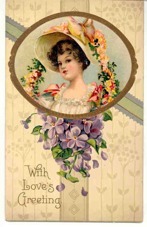Victorian Woman Portrait Greeting Card with Purple Violets