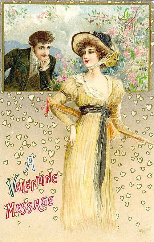 Edwardian Valentine Greeting Card with Romantic Couple & Hearts