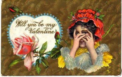 Victorian Valentine Card: Woman with Red Roses & 'Be My Valentine'