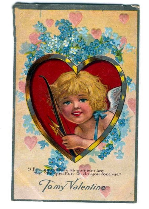 Vintage Cupid Valentine Die-Cut Card, Early 1900s Blue Flowers