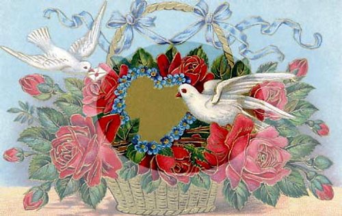 Victorian Dove Floral Basket Greeting Card with Ribbons