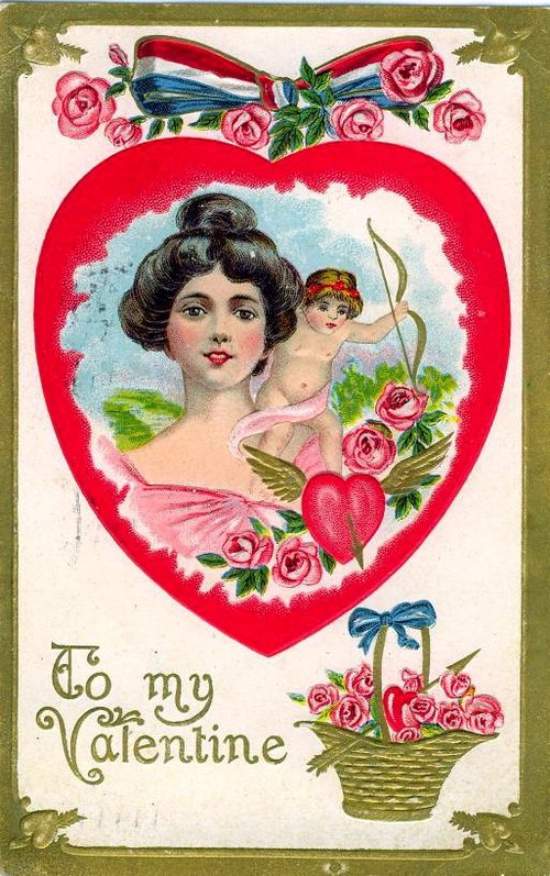 Victorian Valentine Greeting Card with Cupid, Woman & Pink Roses