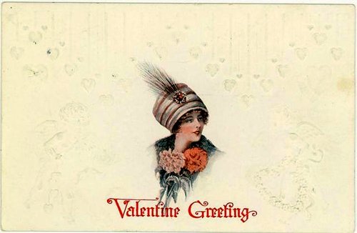 Edwardian Valentine Greeting Card with Fashionable Woman in Feathered Hat