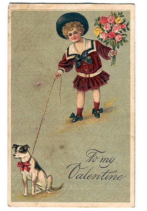 Edwardian Valentine Card: Girl with Dog & Flowers