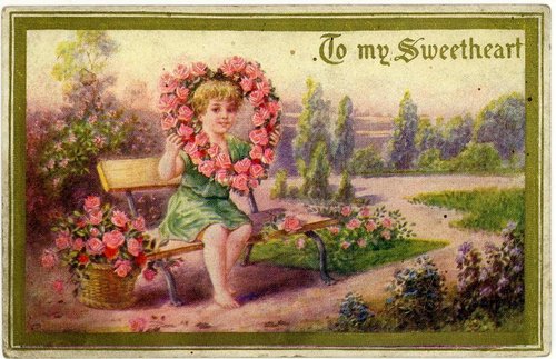 Victorian Cherub Valentine Card with Pink Roses and Garden Scene