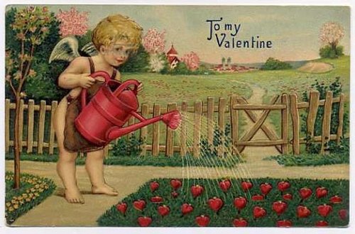 Victorian Valentine Cherub Watering Hearts Garden Card