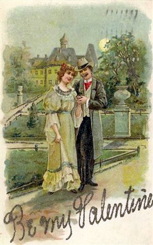Be My Valentine Victorian Couple Garden Scene Greeting Card