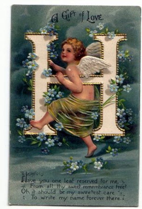 Victorian Cherub Angel 'Gift of Love' Greeting Card with Floral Letter H